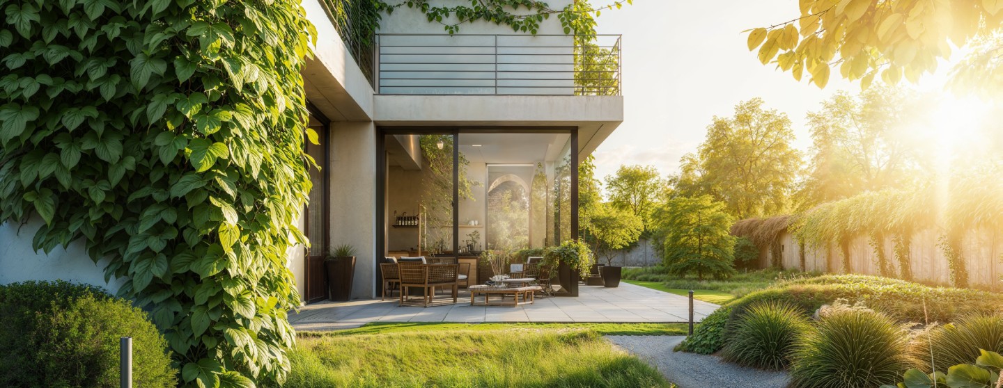 Maison moderne avec jardin luxuriant et murs végétalisés au coucher du soleil